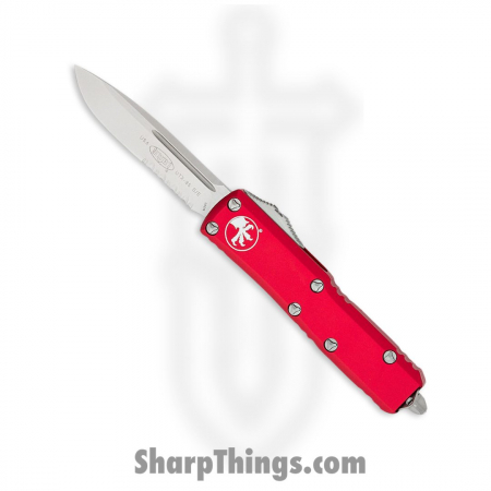 Microtech – 231-11RD – UTX-85 – OTF Auto – Stonewash Drop Point Partially Serrated – 6061 T6 Aluminum – Red