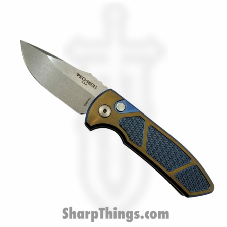 Protech – 2023 SBR Custom 006 – SBR Custom Titanium Auto – Automatic Knife – S35VN Stonewash  – Knurled Titanium – Blue|Bronze