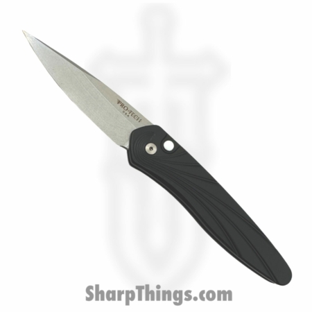 Protech – 3436 – Newport – Automatic Knife – S35VN Stonewash Spear Point – 6061-T6 Aluminum|3D Wave Pattern Front|Solid Back – Black