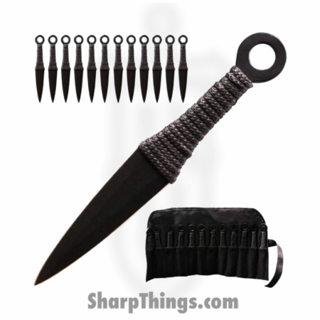Tiger Throwers – TK-868-12-6-BK – 12 pc Ninja Kunai Throwing Knife Set w/ Case – Fixed Blade Knife – Naruto Black Dagger – Paracord Steel – Black