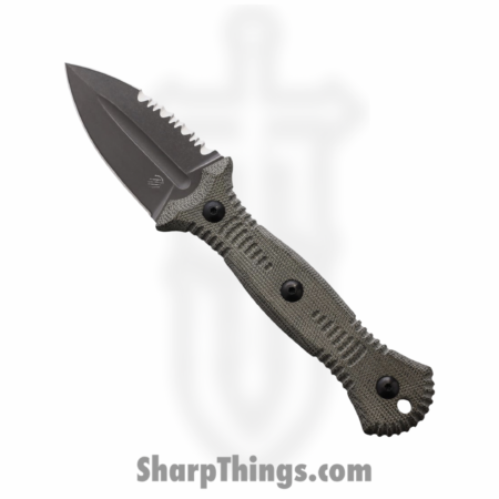 Bastinelli Creations – BAS239 – Telum Serrated – Fixed Blade Knife – M390 Black Stonewash Spear Point – Linen Micarta – Green