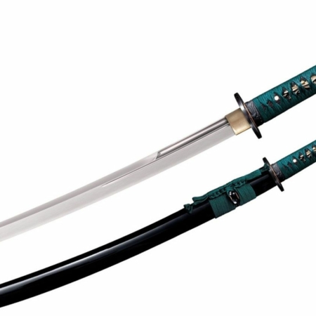 Cold Steel – CS88DWK – Dragonfly Wakizashi Long – Fixed Blade Knife – 1060 Polished  – Ray Skin with Teal Green Silk Braid Cord and Brass Menuki – Teal