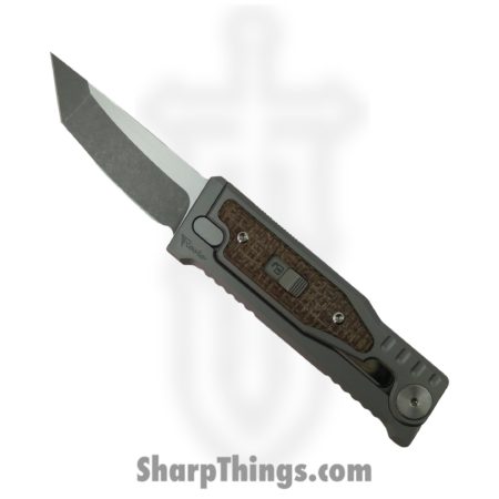 Reate Knives – ExoMinSwTnBu – Mini Exo – Gravity Knife – CPM-3V Stonewashed Tanto – Micarta – Burlap