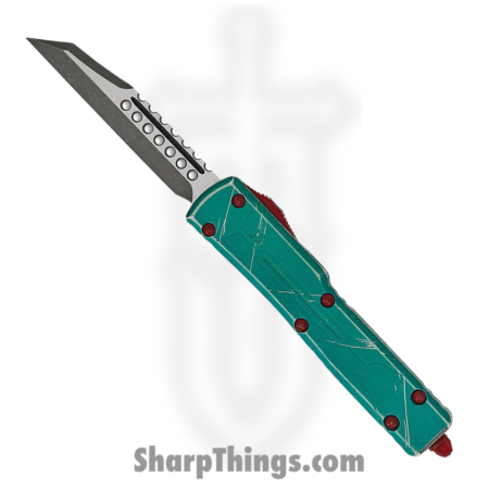 Microtech – 419w-10bh – UTX-70 Bounty Hunter – OTF Auto –  Apocalyptic Wharncliffe – Distressed Aluminum – Green