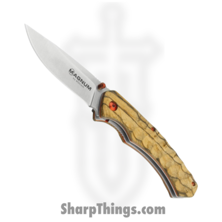 Boker Magnum – BOM01SC071 – Red Pupil – Folding Knife – 440A Satin Drop Point – Sculpted Zebra Wood – Brown