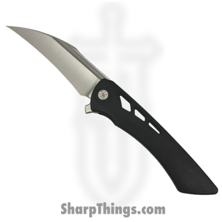 SharpByDesign – DER-BK-AS – Derecho – Folding Knife – Black Aspirated Ti – Hawkbill – Belt Satin M390 – Black