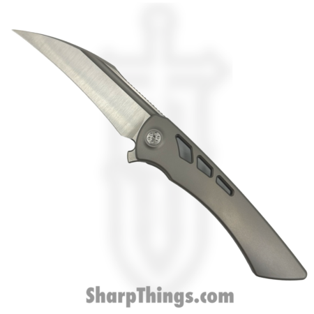 SharpByDesign – DER-GY-AS – Derecho – Folding Knife – Gray Zirc Blasted Aspirated Ti – Hawkbill – Belt Satin M390 – Gray