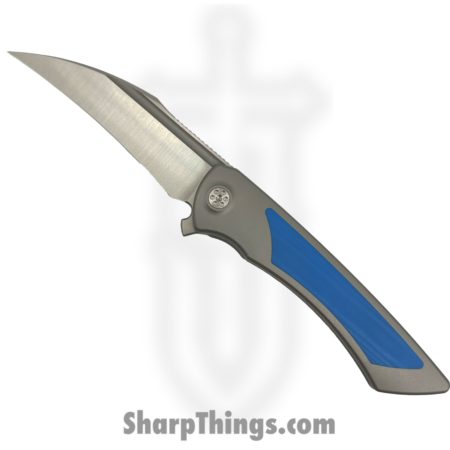 SharpByDesign – DER-GY-BL – Derecho – Folding Knife – Gray Zirc Blasted Ti w Blue G-10 – Hawkbill – Belt Satin M390 – Blue
