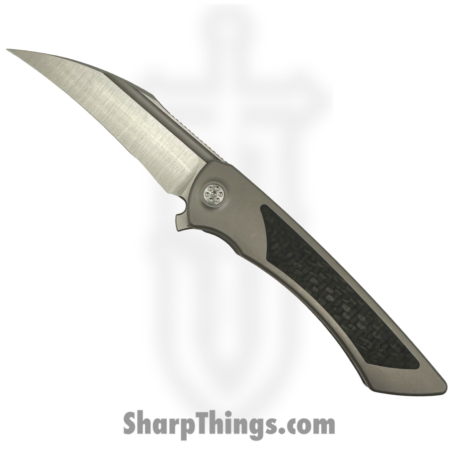 SharpByDesign – DER-GY-CF – Derecho – Folding Knife – Gray Zirc Blasted Ti w Gray Carbon Fiber – Hawkbill – Belt Satin M390 – Gray