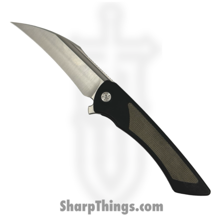 SharpByDesign – DER-BK-OD – Derecho – Folding Knife – Black PVD Ti w Olive Micarta – Hawkbill – Belt Satin M390 – Olive
