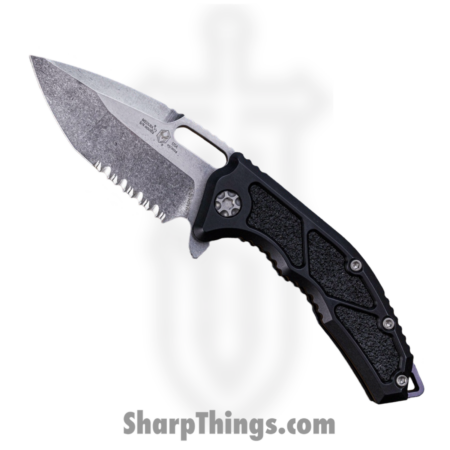 Heretic Knives – H009-2B – Medusa – Folding Knife – MagnaCut Stonewash Tanto Serrated – Aluminum with Grip Inlay – Black