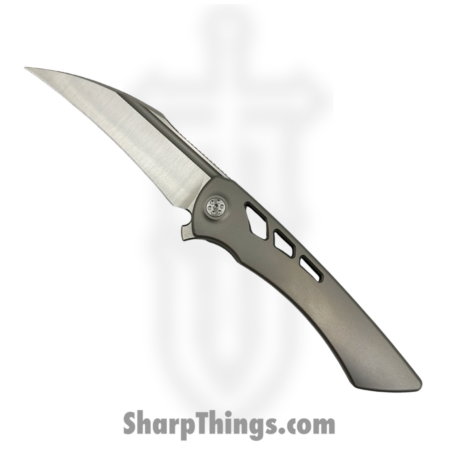 SharpByDesign – DER-GY-AS – Derecho – Folding Knife – Belt Satin M390 Hawkbill – Gray Zirc Blasted Aspirated Ti – Gray