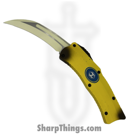 Heretic Knives – H060-FP-NANA- ROC – Fresh Peeled Stabnana – OTF Auto – Magnacut Coated Hawkbill – Aluminum – Yellow Brown Blue White