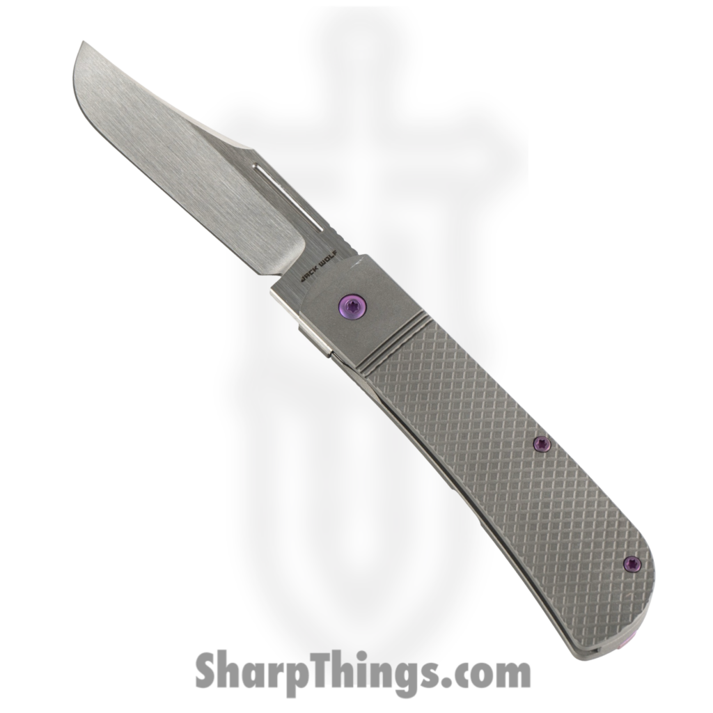 Jack Wolf Knives – THEBE-01-TI-XHATCH – The Benny – Folding Knife – S90V Satin Clip Point – Titanium – Purple