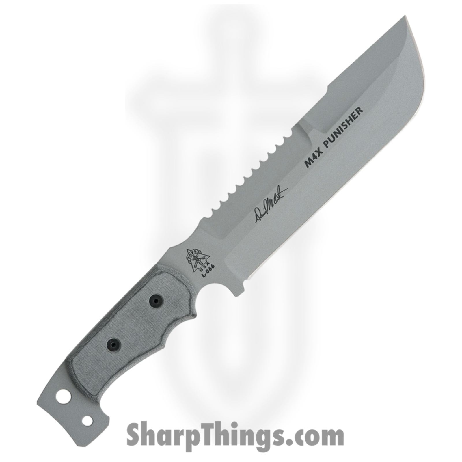 Tops - TPM4X01 - M4X Punisher - Fixed Blade Knife - 1095 HC Coated Sawback - Micarta - Gray - Image 2
