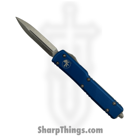 Microtech – 147-10BL – UTX-70 – OTF Auto – Elmax, M390, 204P Stonewash Dagger – 6061-T6 Aluminum – Blue