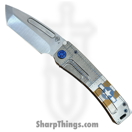 Medford Knife and Tool – 091924B – Marauder-H – Folding Knife – S45VN Tumbled Tanto – Titanium “Star-N-Bars w/ Rivets” – Natural