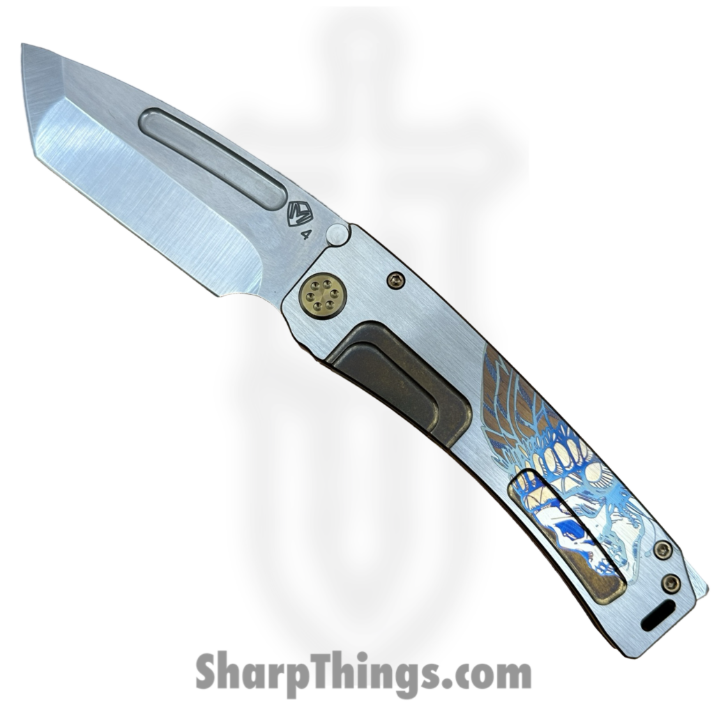 Medford Knife and Tool – 091924G – Marauder-H – Folding Knife – S45VN Tumbled Tanto – Titanium “Skull Native Headdress” – Bronze Silver