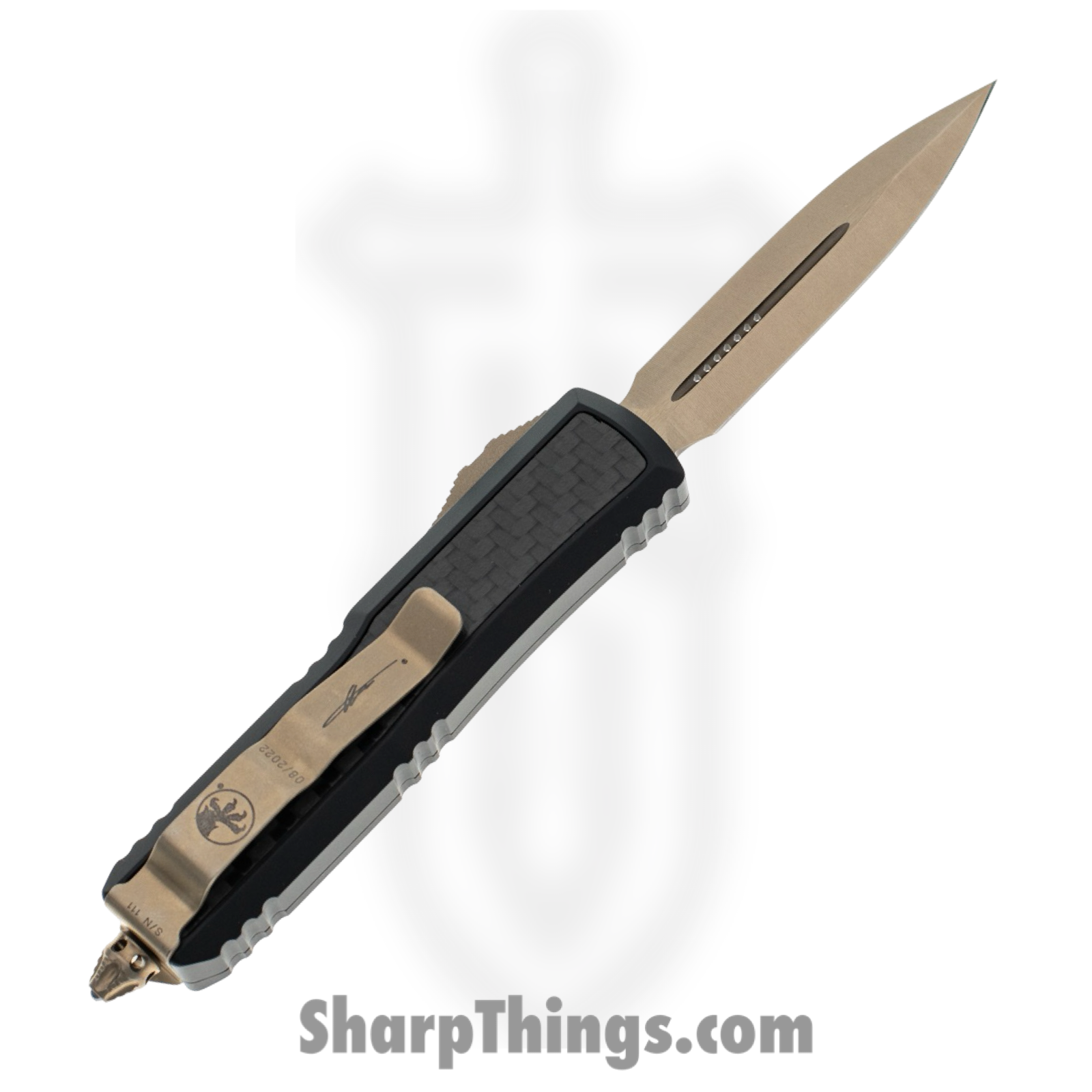 Microtech - 126-13CFIS - Daytona - OTF Auto - Elmax, M390, 204P Bronze Stonewash Dagger - 6061-T6 Aluminum/CF Inlay - Black - Image 2
