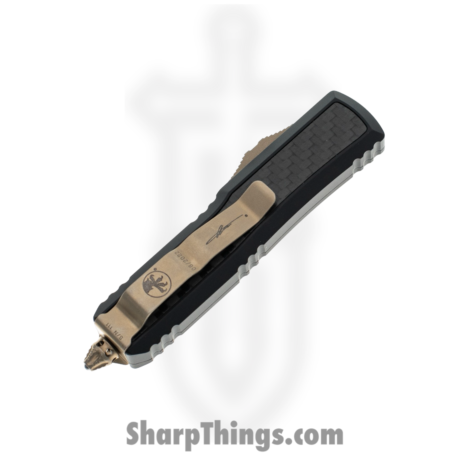 Microtech - 126-13CFIS - Daytona - OTF Auto - Elmax, M390, 204P Bronze Stonewash Dagger - 6061-T6 Aluminum/CF Inlay - Black - Image 4