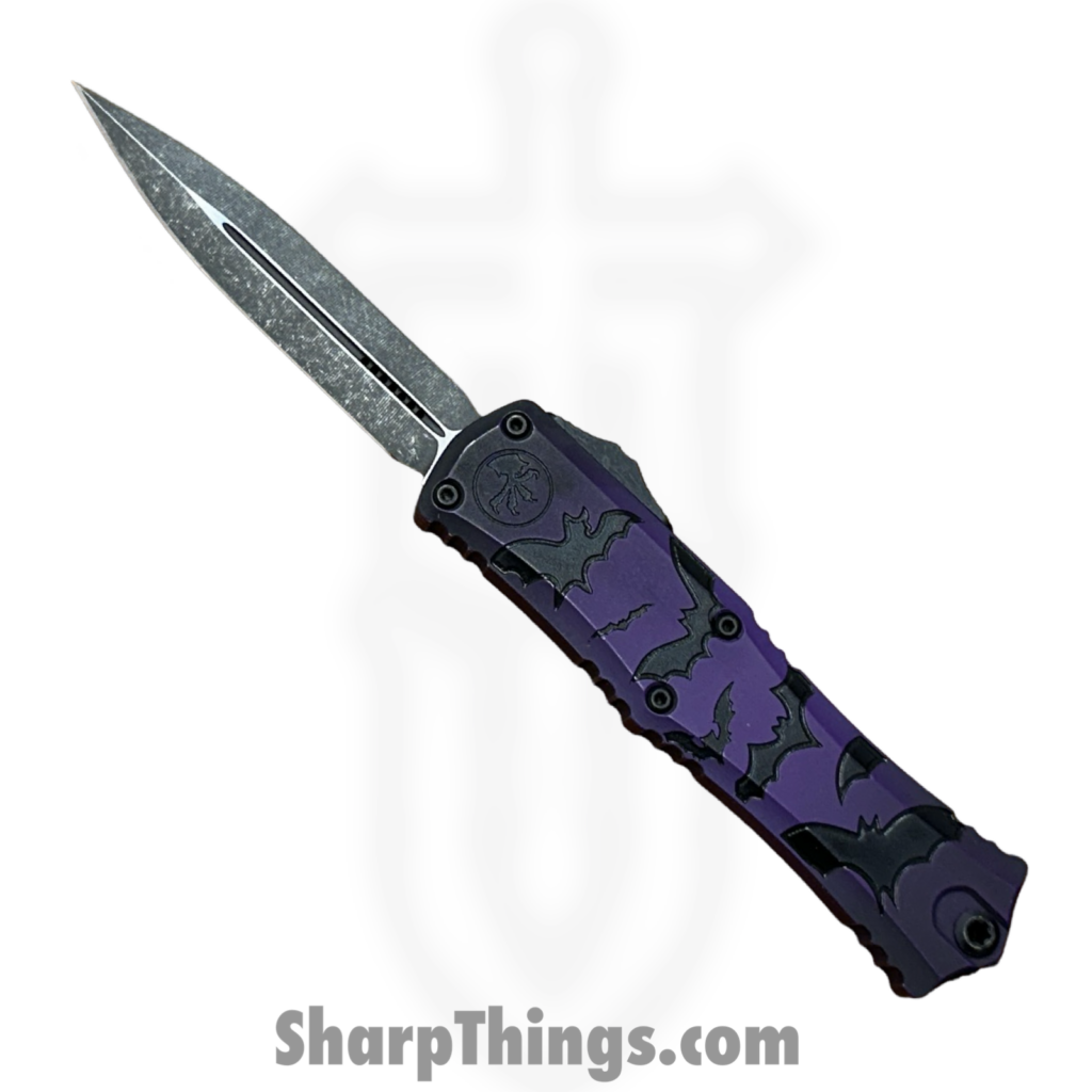 Microtech - 1702M-1HWBAS - Hera II Mini - Signature Series - OTF Auto - Bats - M390MK Apocalyptic Dagger - Purple - Sharp Things OKC