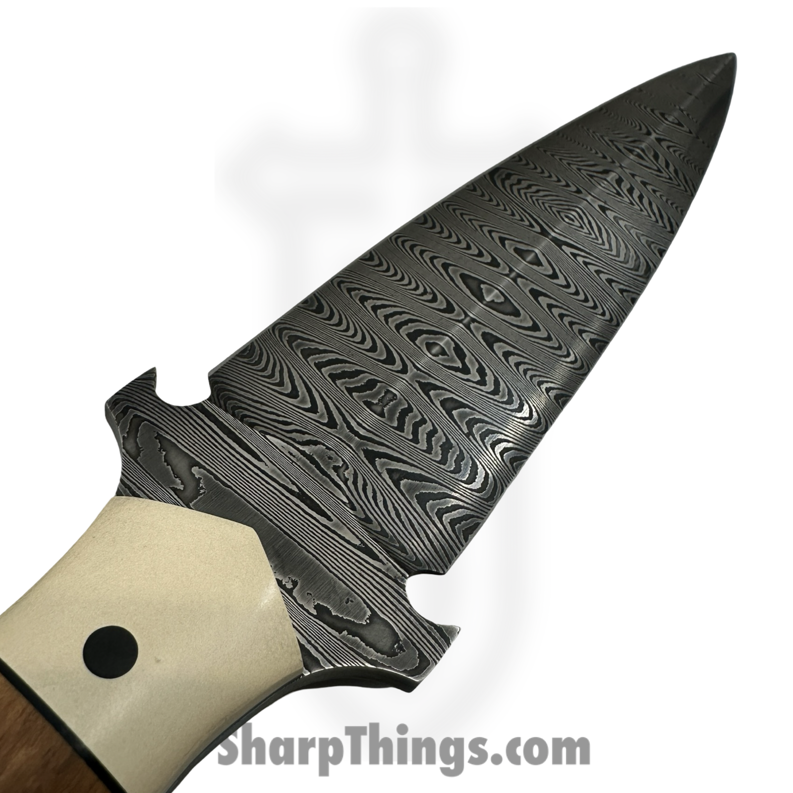 Cave Blades - CB-Dag-Dam - Dagger - Fixed Blade Knife - Wolf River Damascus D/E- Olivewood/Ivory Micarta - Brown/White - Image 6