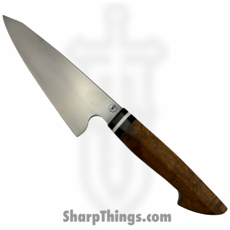 Royalty Rings Co. – RRC-Kirpet-01 – Kiritsuke petty – Fixed Blade Knife – AEB-L Satin Kiritsuke – Teakwood Burl – Brown/Black/White