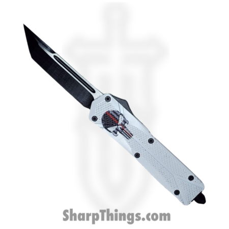 VOC – OTF137 – Large Red Line Skull – OTF Auto – 440 SS Two Tone Tanto – Aluminum – White