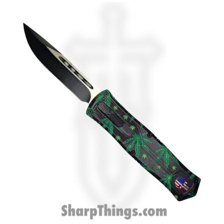 VOC – OTF144 – Large Leaves Knife – OTF Auto – 440 SS Two Tone Drop Point – Aluminum – Black/Green