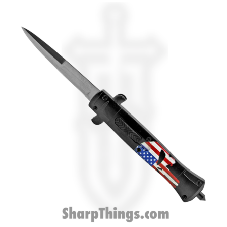 VOC – OTF213 – Punisher – OTF Auto – 440 SS Stonewash Dagger – ABS – Black/Red/White/Blue