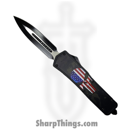 VOC – OTF608 – Large American Flag Punisher – OTF Auto – 440 SS Two Tone Dagger – Aluminum – Black/Red/White/Blue