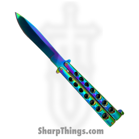 PTC – P-715-E – Butterfly – Balisong – 1065 Surgical Steel Coated Drop Point – Stainless – Rainbow