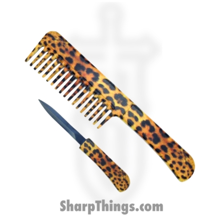 VOC – HK210 – Comb with Hidden Knife – Fixed Blade Knife – Stainless Satin Dagger – Plastic – Cheetah
