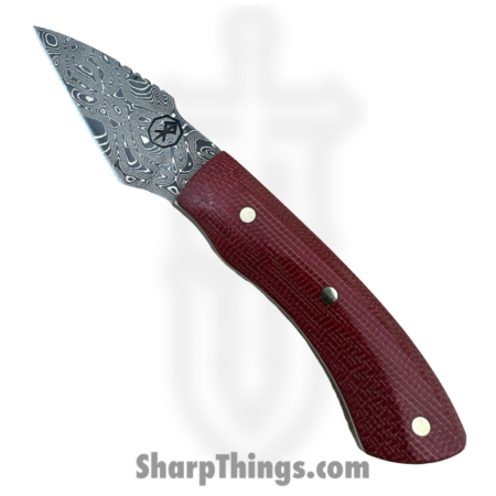 Royalty Rings Co. – RRC-LgNyx-01 – Large Nyx – Fixed Blade Knife – Baker Forge Bronzemai -Damacore Damascus Kiridashi – Burlap Micarta – Red/White