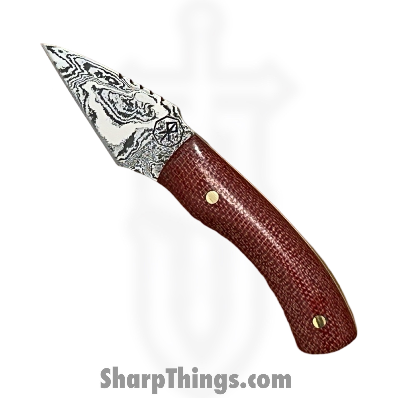Royalty Rings Co. - RRC-SMNyx-01 - Small Nyx - Fixed Blade Knife - Baker Forge Icestom Wavy Damascus Kiridashi - Micarta - Red/White