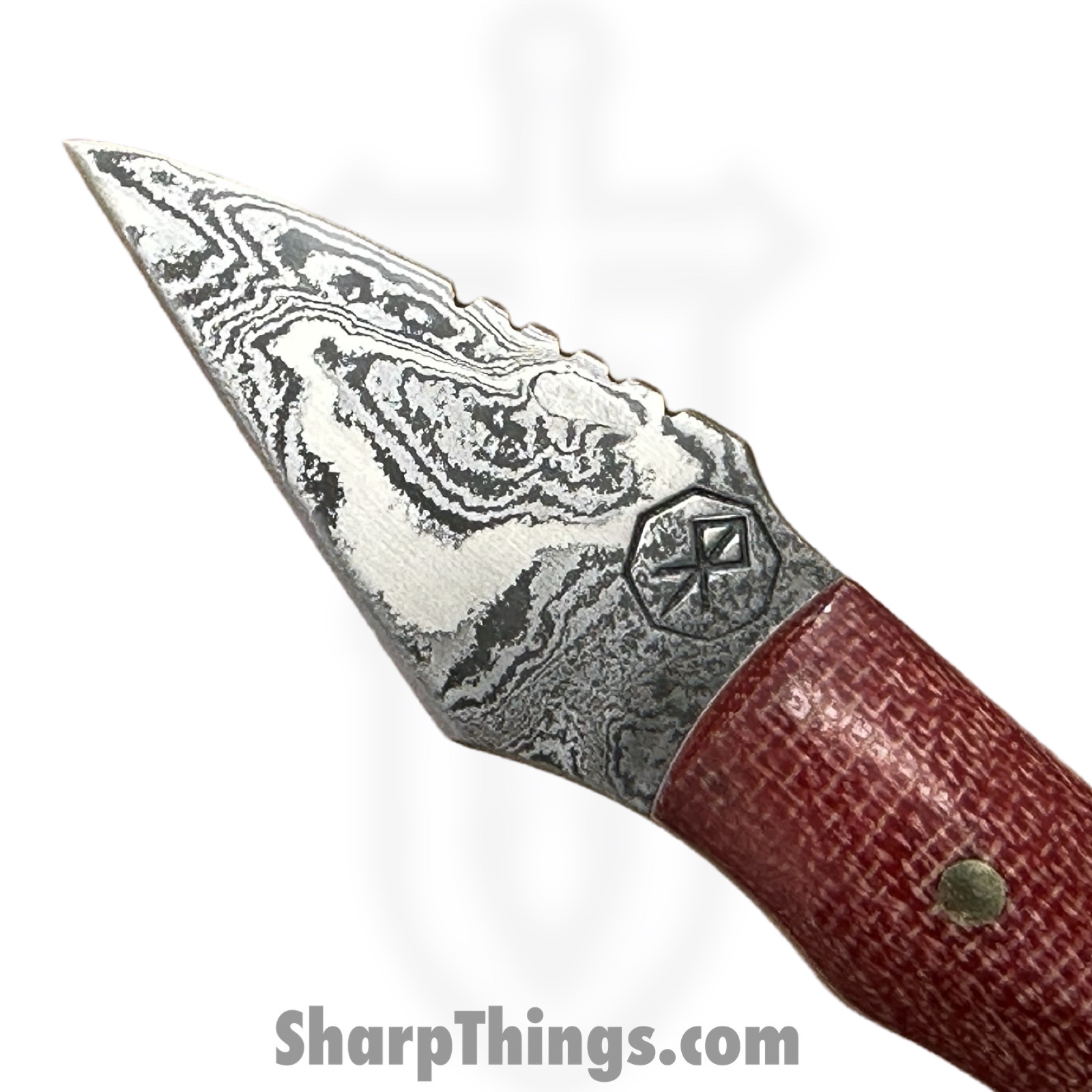 Royalty Rings Co. - RRC-SMNyx-01 - Small Nyx - Fixed Blade Knife - Baker Forge Icestom Wavy Damascus Kiridashi - Micarta - Red/White - Image 6