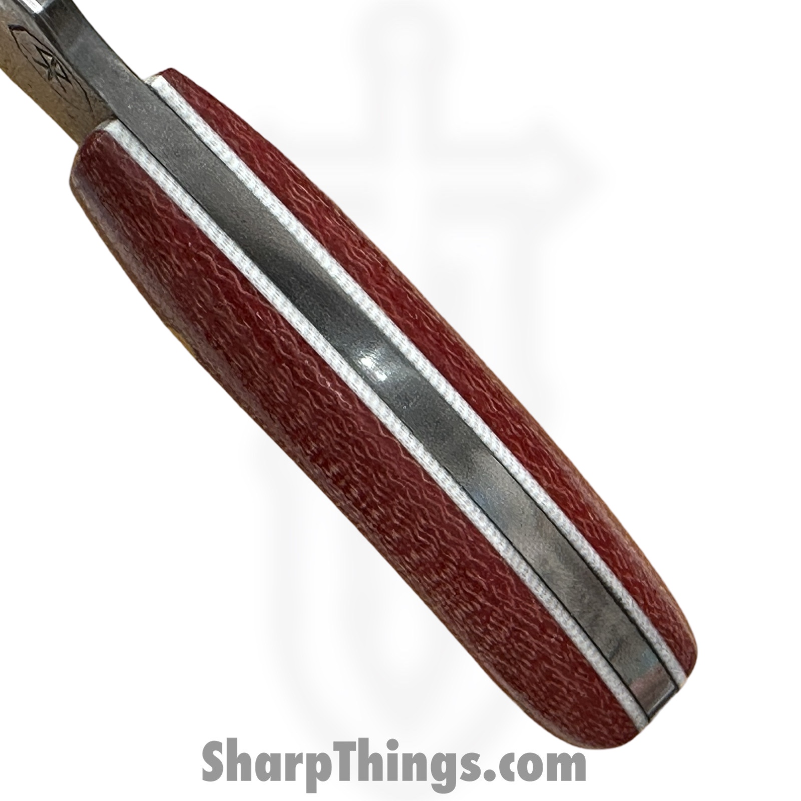 Royalty Rings Co. - RRC-SMNyx-01 - Small Nyx - Fixed Blade Knife - Baker Forge Icestom Wavy Damascus Kiridashi - Micarta - Red/White - Image 4