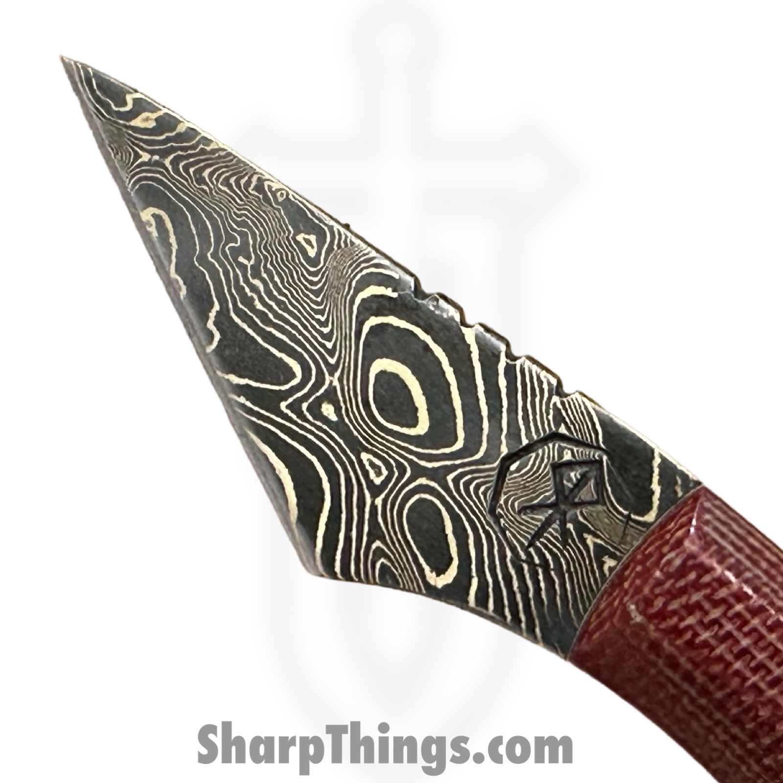 Royalty Rings Co. - RRC-Shk-01 - Shank - Fixed Blade Knife - Baker Forge Bronze Mai Damacore Damascus Kiridashi - Micarta - Red/White - Image 6