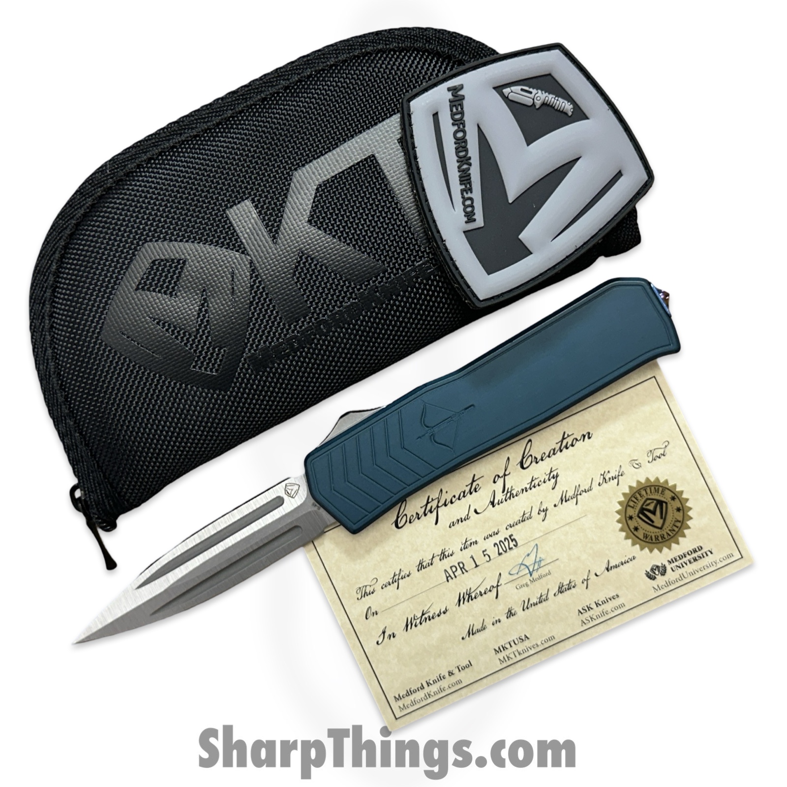 Medford Knife and Tool - 42625B - Merc 1 - OTF Auto - S45VN Tumbled Dagger - Aluminum - Blue - Image 2