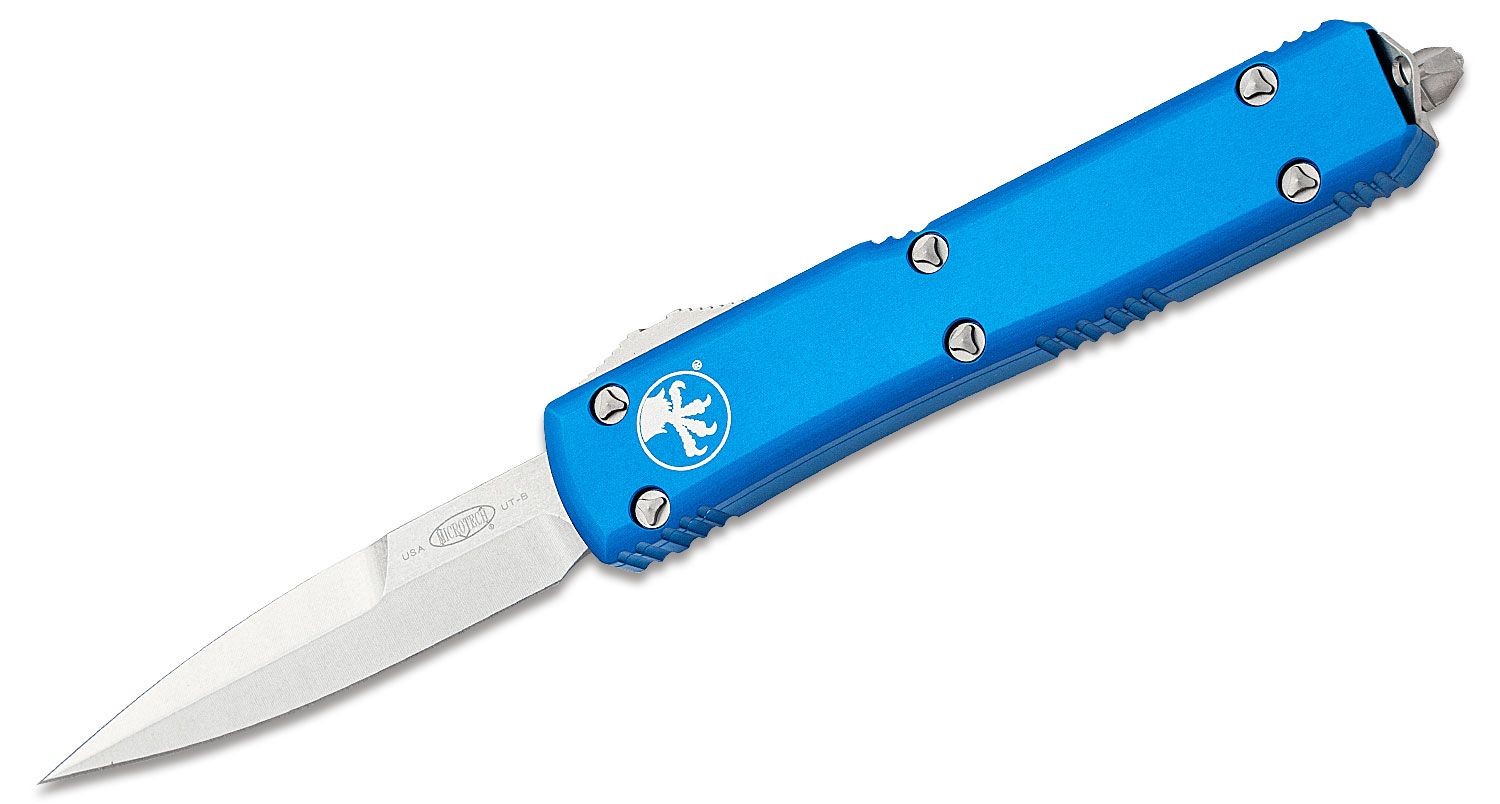 Microtech - 120-10BL - Ultratech - OTF Auto - Elmax, M390, 204P Stonewash Bayonet - 6061-T6 Aluminum - Blue - Image 14
