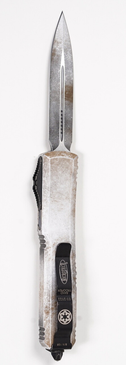Microtech - 122-1SAD - Ultratech D/E Sand Trooper Deep Engraved - OTF Auto - M390 Coated Dagger - 6061-T6 Aluminum - Gray White Tan - Image 13