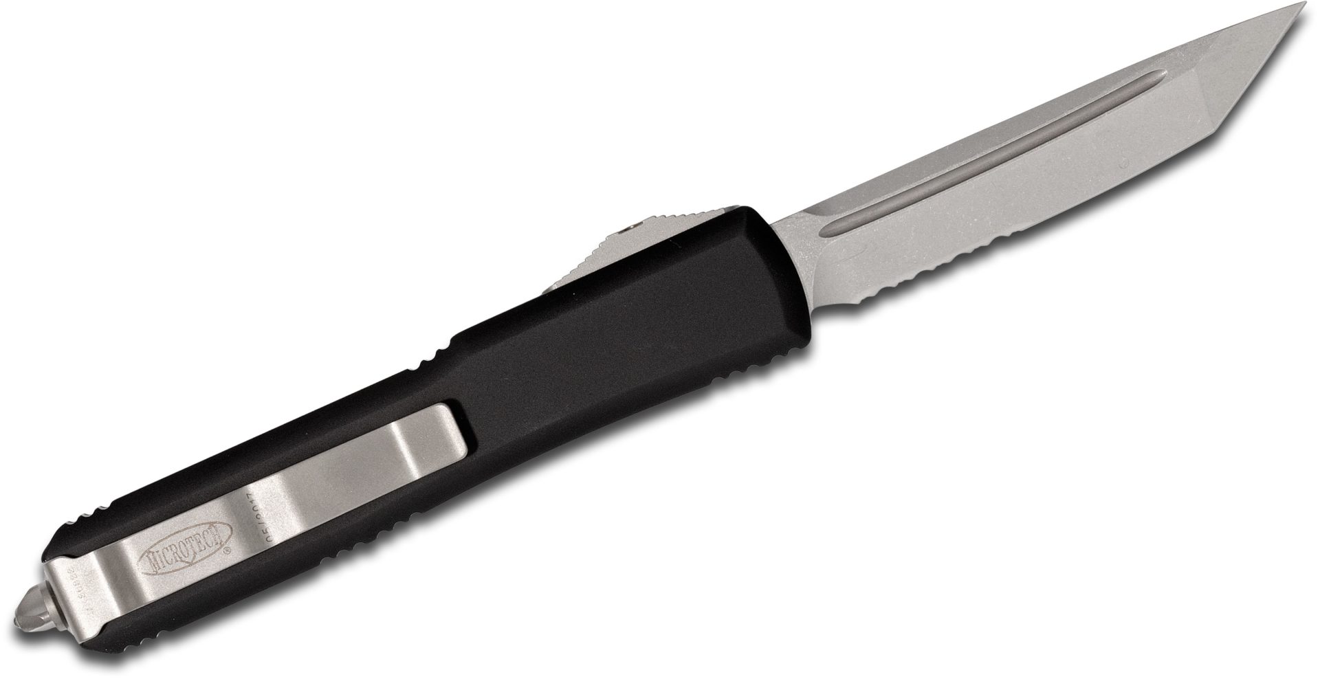 Microtech - 123-11 - Ultratech T/E Partially Serrated Combo - OTF Auto - Bohler Elmax, M390, or 204P Stonewash Tanto - 6061-T6 Aluminum - Black - Image 16