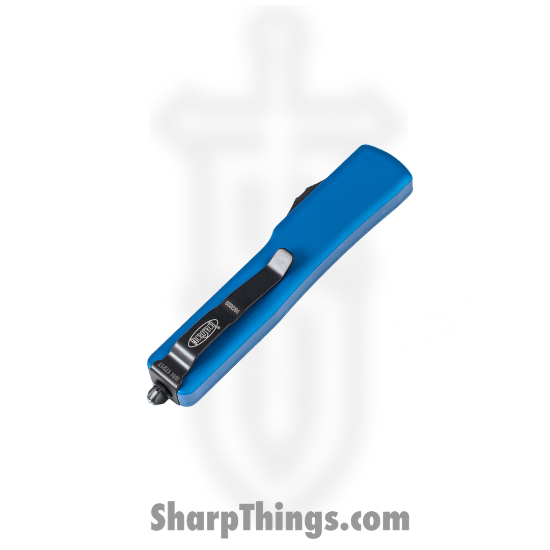 Microtech - 148-1BL - UTX-70 - OTF Auto - Elmax, M390, 204P Two Tone Drop Point - 6061-T6 Aluminum - Blue - Image 12