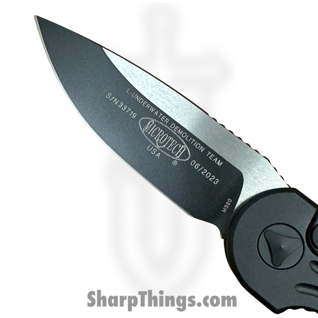 Microtech - 135-1T - L.U.D.T. - Automatic Knife - Elmax, M390, 204P Two Tone Drop Point - 6061-T6 Aluminum - Black - Image 10