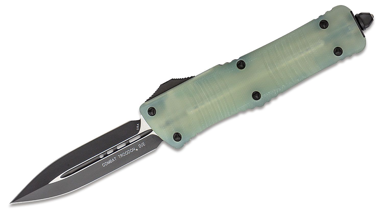 Microtech - 142-1GTJGS - Combat Troodon Signature Series - OTF Auto - Elmax, M390, 204P Coated Dagger - G10/Aluminum - Jade/Black - Image 13