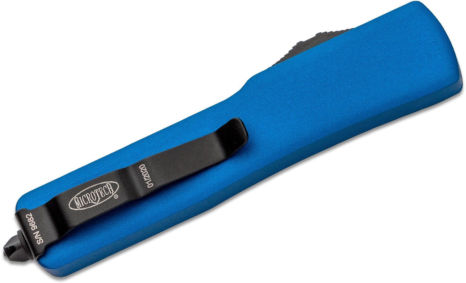 Microtech - 148-1BL - UTX-70 - OTF Auto - Elmax, M390, 204P Two Tone Drop Point - 6061-T6 Aluminum - Blue - Image 15
