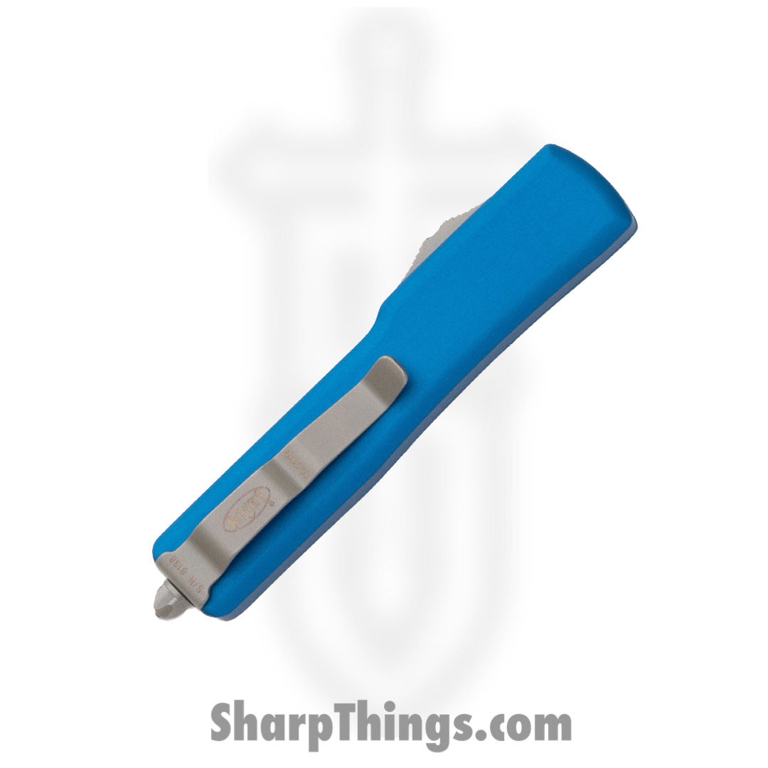 Microtech - 148-4BL - UTX-70 - OTF Auto - Elmax, M390, 204P Satin Drop Point - 6061-T6 Aluminum - Blue - Image 14
