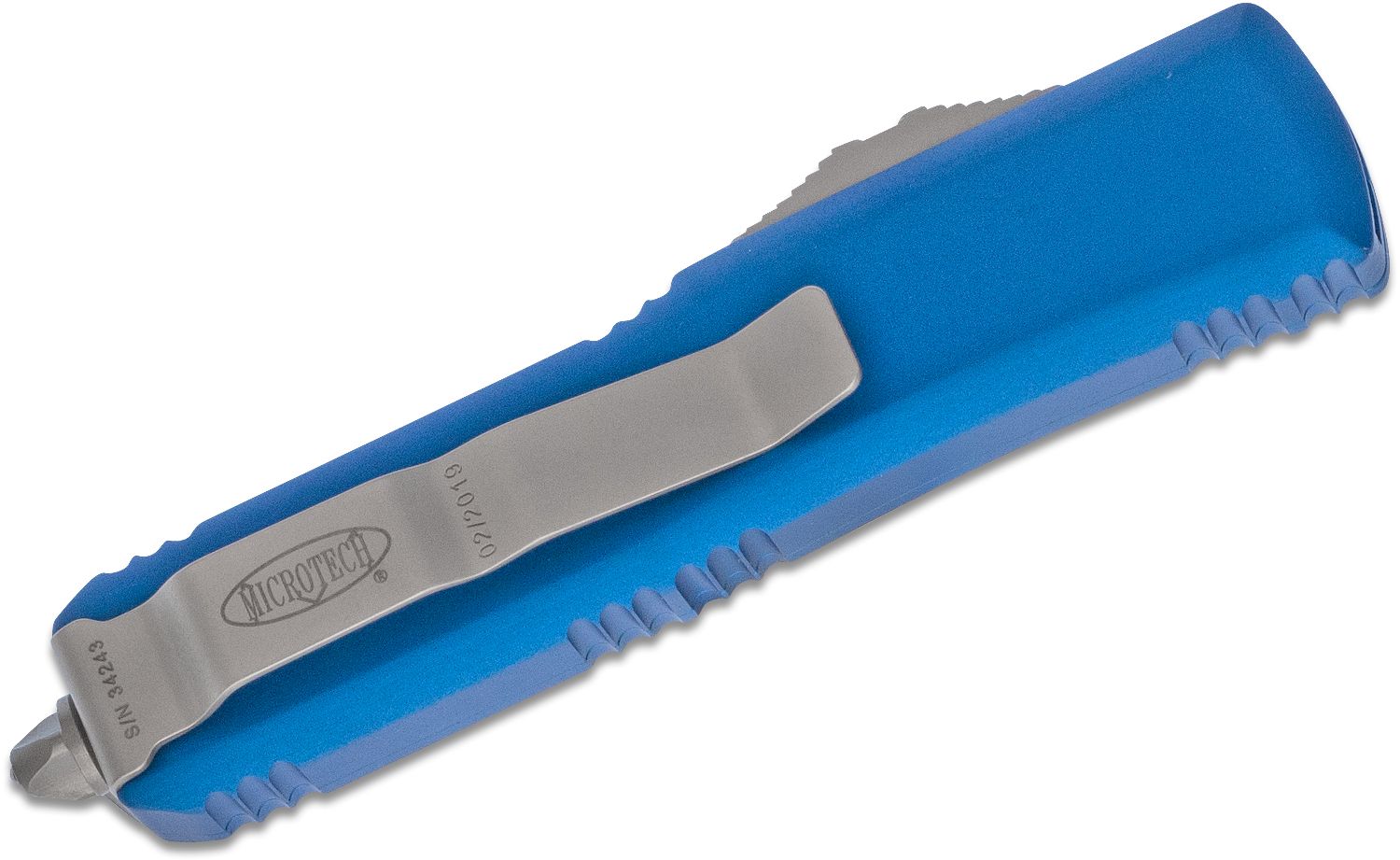 Microtech - 231-4BL - UTX-85 - OTF Auto - Elmax, M390, 204P Satin Drop Point - 6061-T6 Aluminum - Blue - Image 14