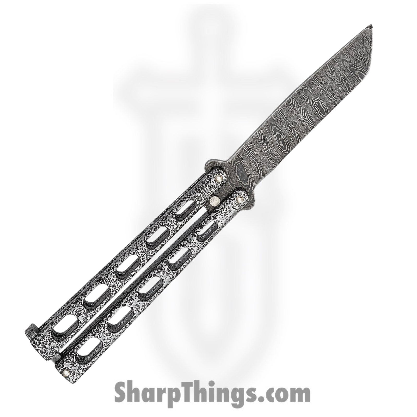 Bear & Son - BC114AD - Butterfly Silver Vein - Balisong - Damascus Damascus Tanto - Powder Coated Zinc - Silver Black - Image 7