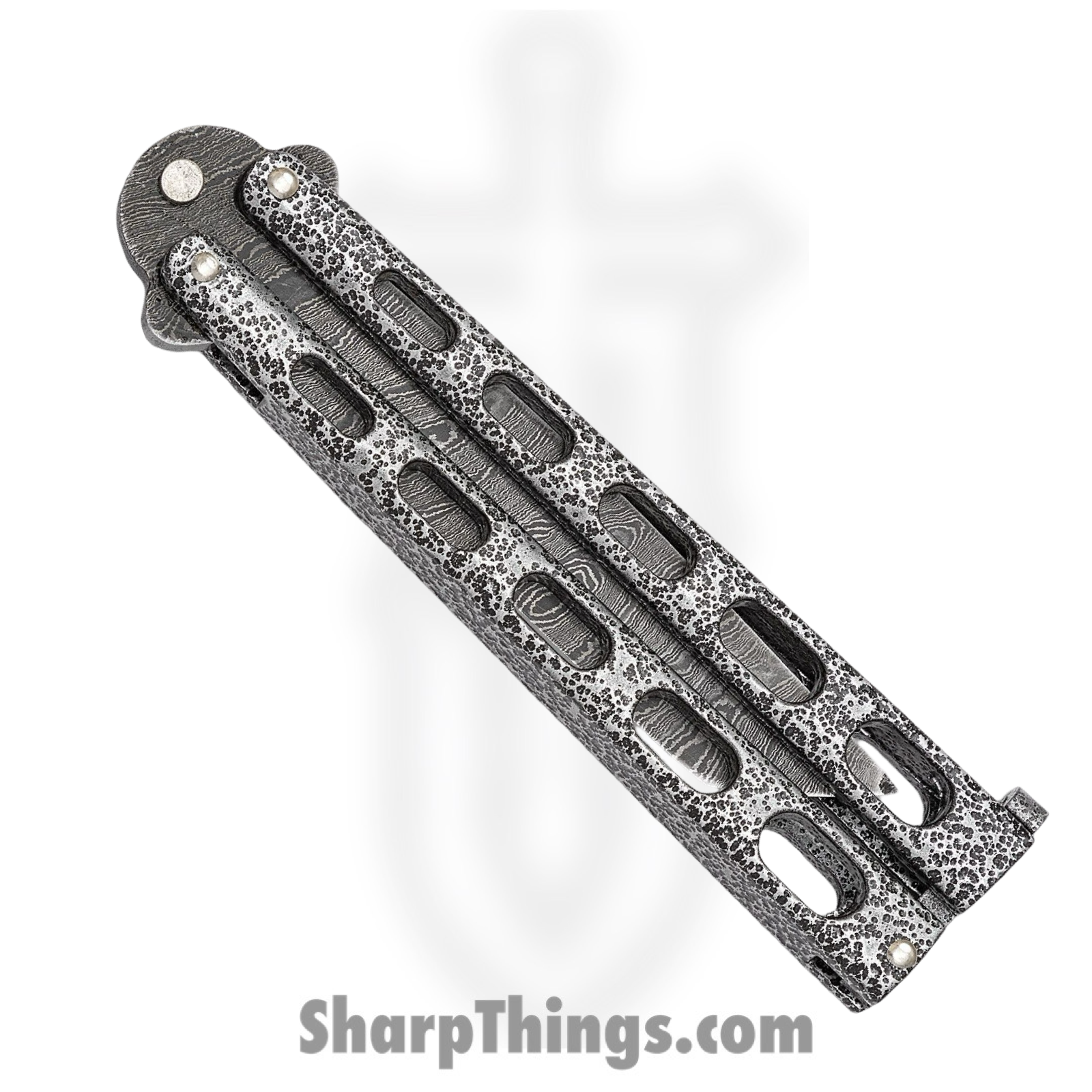 Bear & Son - BC114AD - Butterfly Silver Vein - Balisong - Damascus Damascus Tanto - Powder Coated Zinc - Silver Black - Image 8